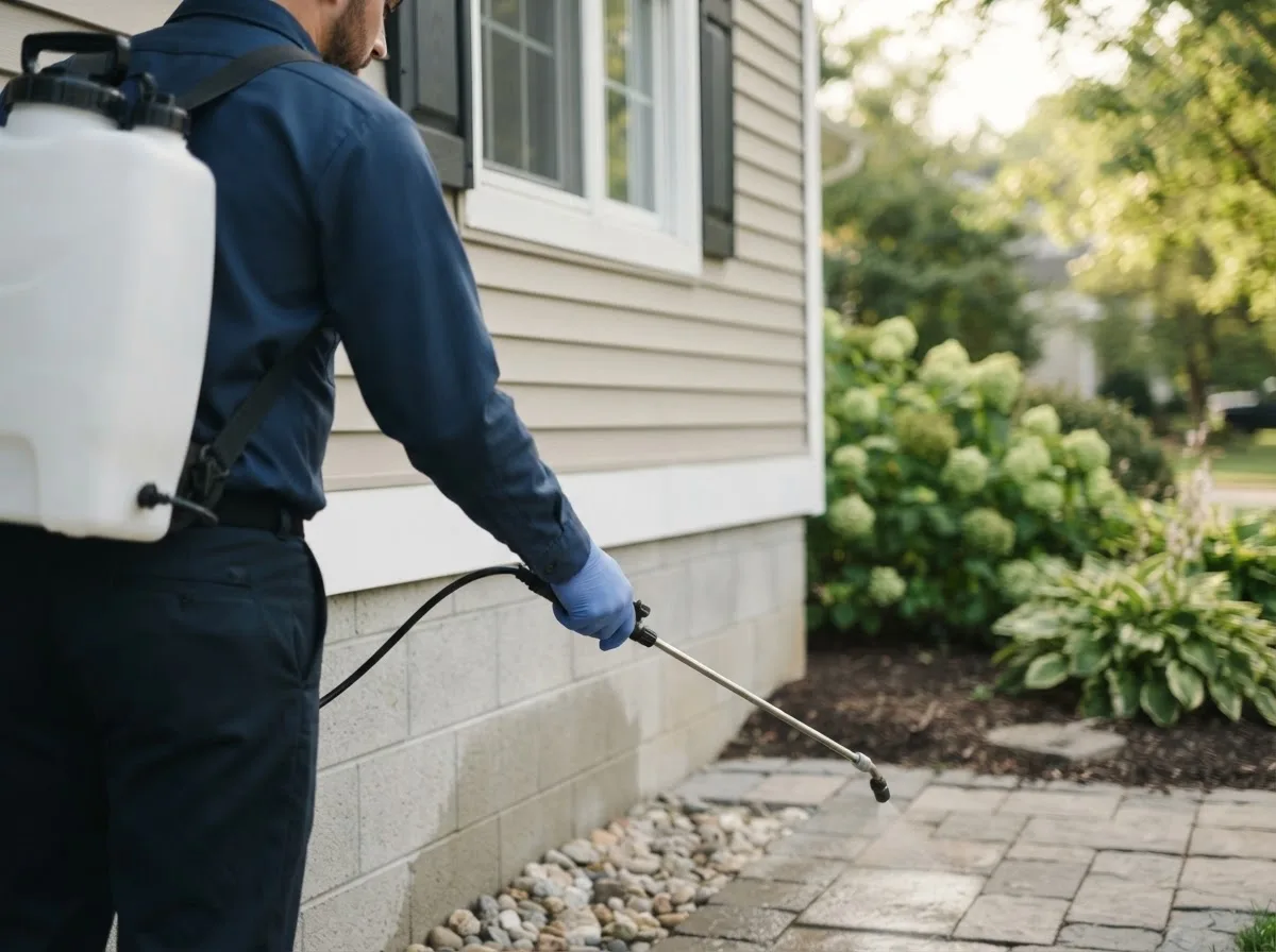 Pest control technician inspecting a home in Allenspark, CO
